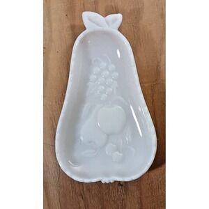 Vintage 1950's HAZEL ATLAS Pear Shaped Dish White MILK GLASS w/ Fruit Designs